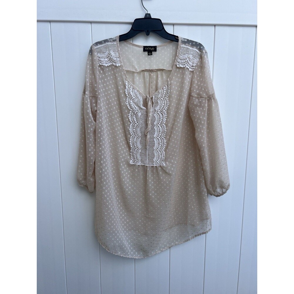 Cal Style Women’s Boho Top Sz Large Sheer Crochet 3/4 Sleeve